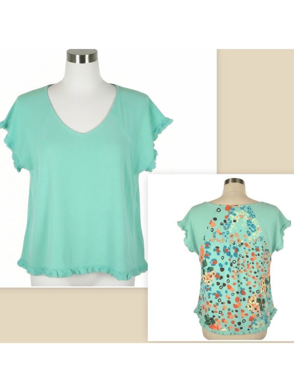 Umgee Top Womens S Green Linen Blend Floral Fringe Ruffle Cottage Hippie Relaxed